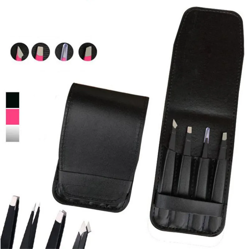 

4 Sets Of Hot Eyebrow Tweezers Stainless Steel Tilted Pointed / Flat Hair Removal Makeup Kit