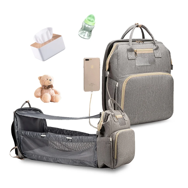 

USB Diaper Bag Bed Waterproof Mummy Nappy Bags Food Grade Pacifier Case Baby Diapers Bag Backpack, Customized colors