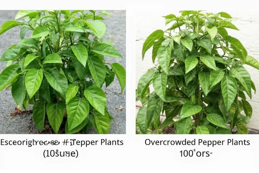 Comparison of properly spaced pepper plants versus overcrowded pepper plants showing disease differences