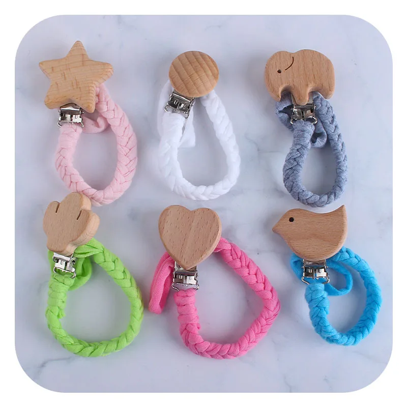 

DIY Creativity Colorful Handmade Woven Cotton Baby Pacifier Chain Wood Animal Shape Macrame Pacifier Clip