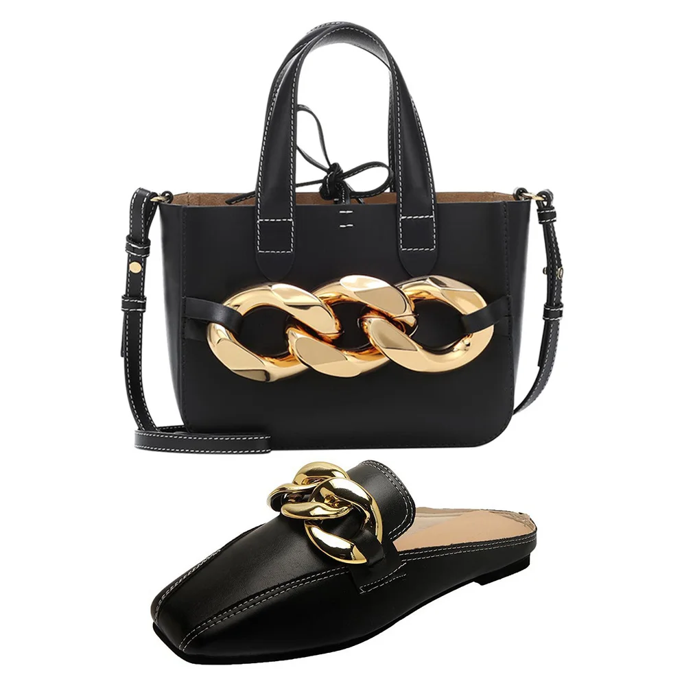 

2021 Fashion women handbag and match sandals set ladies thick golden chain design portable women hand bag set