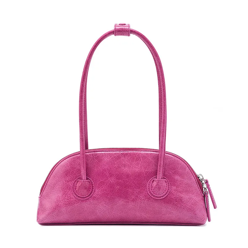

Women's Bag New Candy Color Retro Oil Wax Leather Baguette Bag Long Handle Single Shoulder Armpit