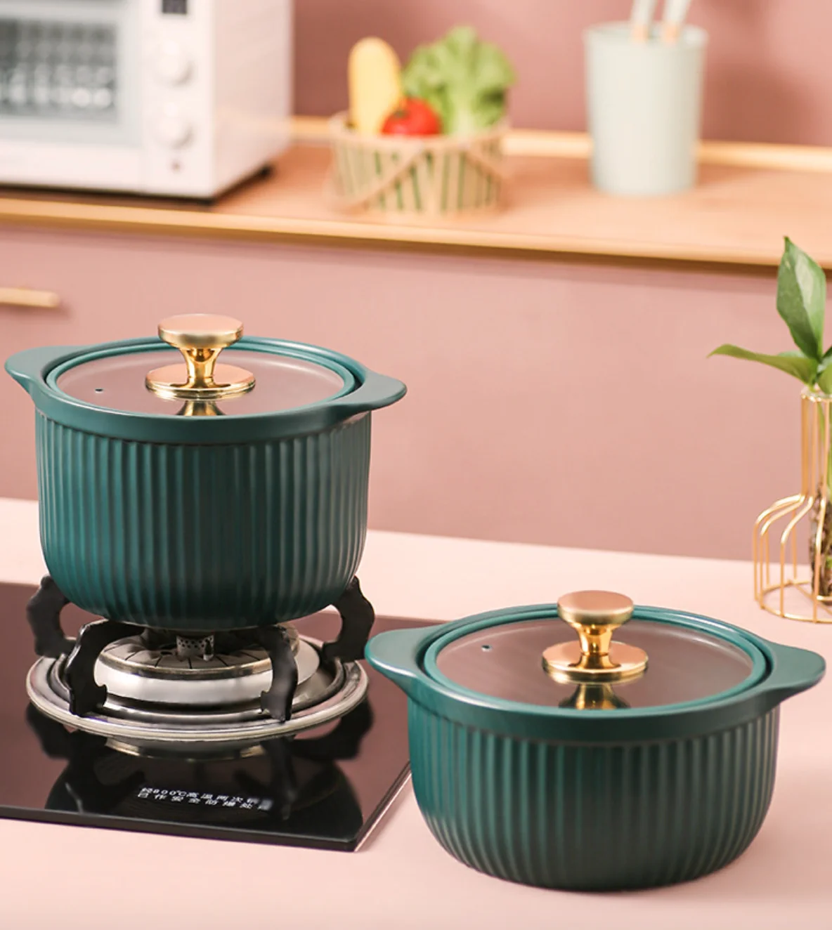 

Nordic non-stick ceramic food insulation casserole cooker set with lid, Green orange