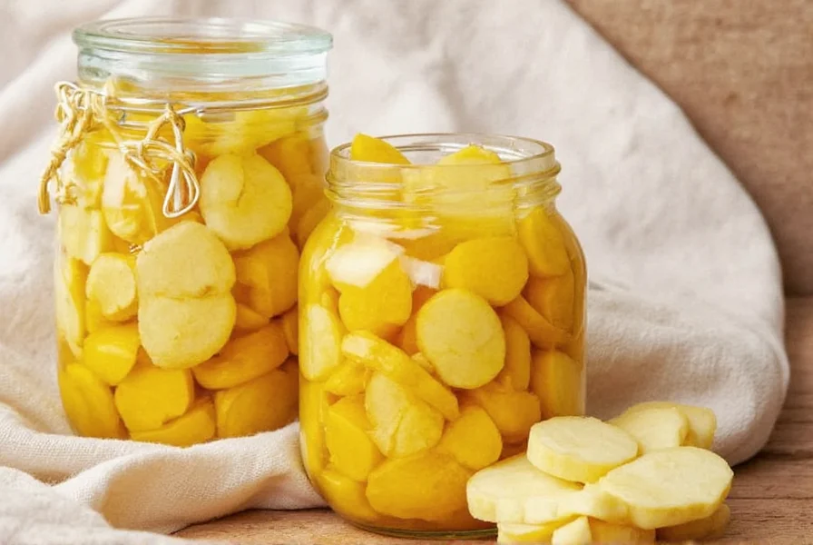 Homemade pickled ginger preparation showing ginger slices in vinegar solution