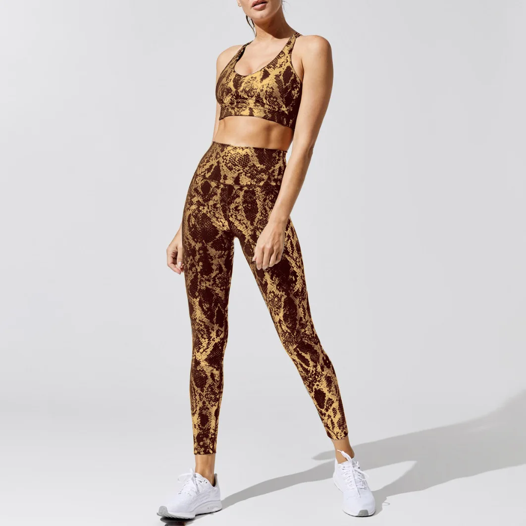 

Women Activewear Two Piece Set Seamless Golden Snake Skin Yoga Bra And Leggings Sport Running Suits 2PCS, As photo or customized