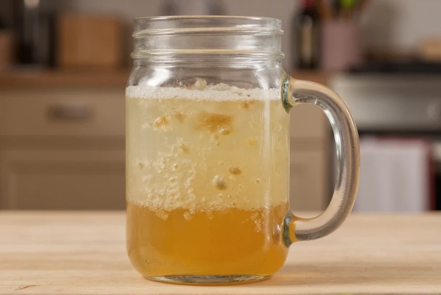 Glass jar with bubbling ginger bug starter showing active fermentation process