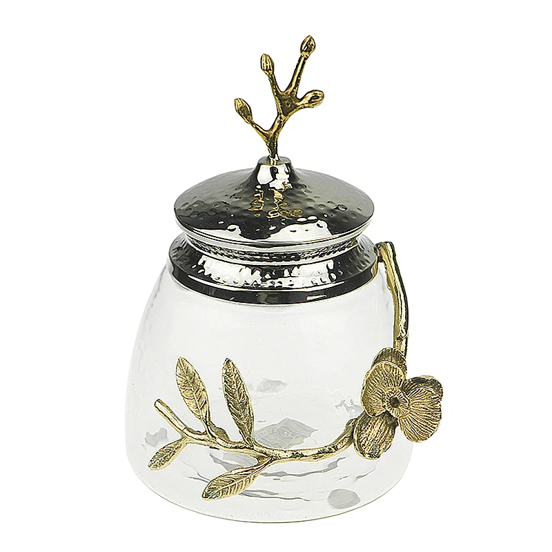 

Dekoration Home Decor Modern Furnishing Decoration Glass Gold Brass Leaf Decorative Jewelry Storage Jar, Clear