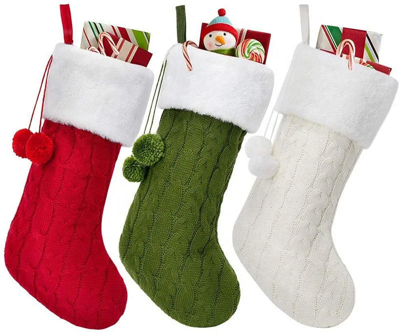 

Large Knitted Solid Wool Plush Fur Thick Christmas Stocking With Pompom Pendant Decoration, Picture