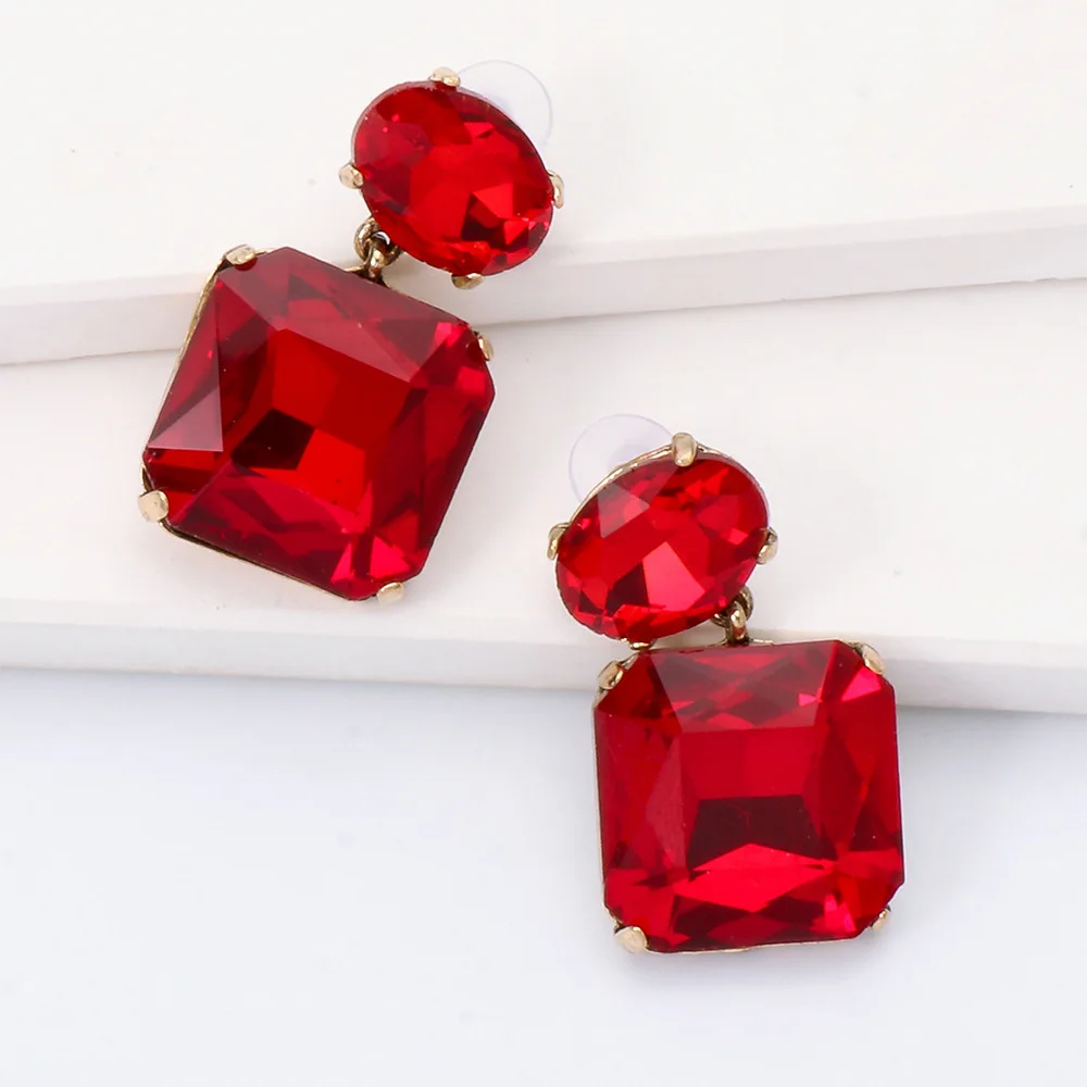 

Vintage Fashion Geometric Diamond Dangle Earrings Square Red CZ Zircon Drop Earrings For Lady