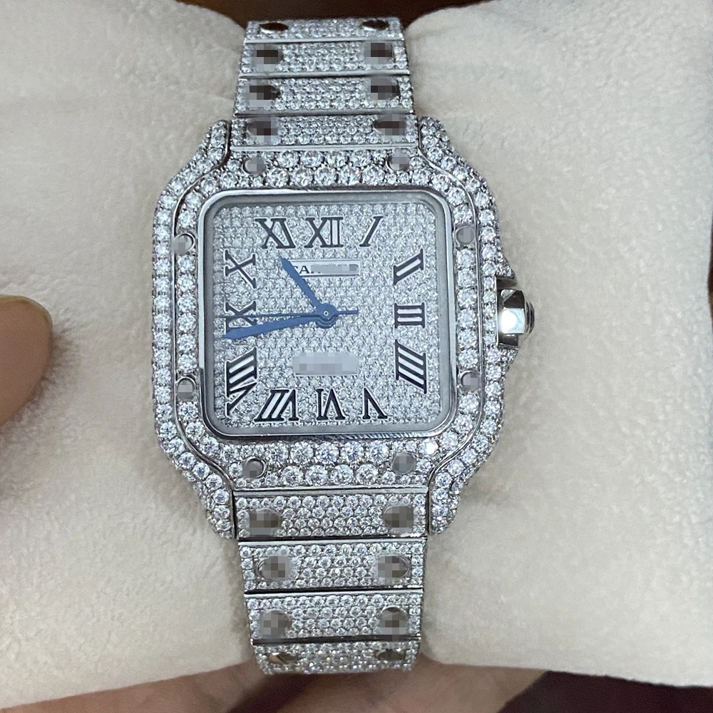 

HQ GEMS Custom Make CRT China Movement Stainless Steel Full Ice Out Diamond Moissanite Watch, Grey