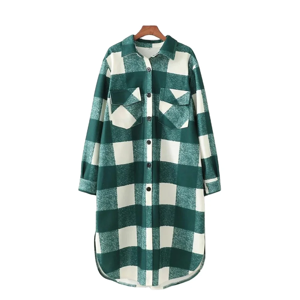 

2021 New Women Oversized shirts Coat Long green Checked Casual Fashion Chic Women Jackets Long windbreaker Outfits