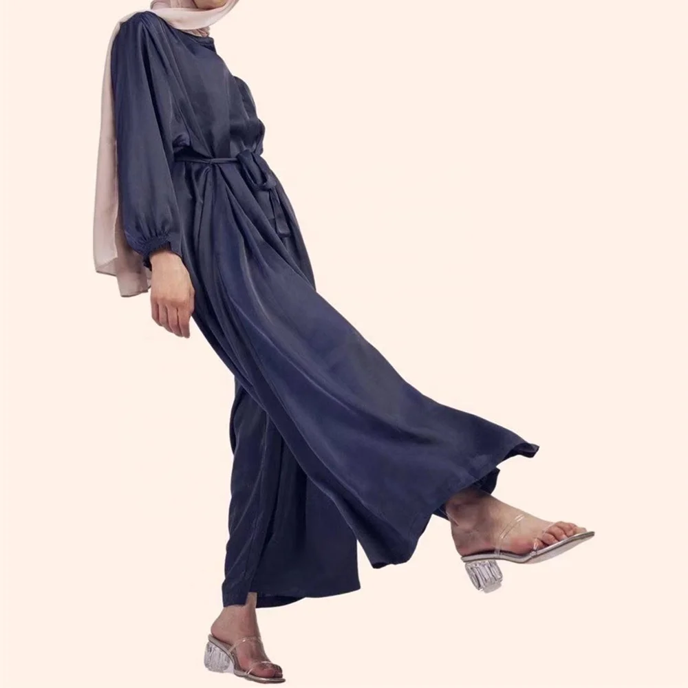 

2021 Latest Elegant Women Fashion Islamic Clothing Dubai Abaya Modest Muslim Heavy Satin Jumpsuit With Pockets, 2 colors