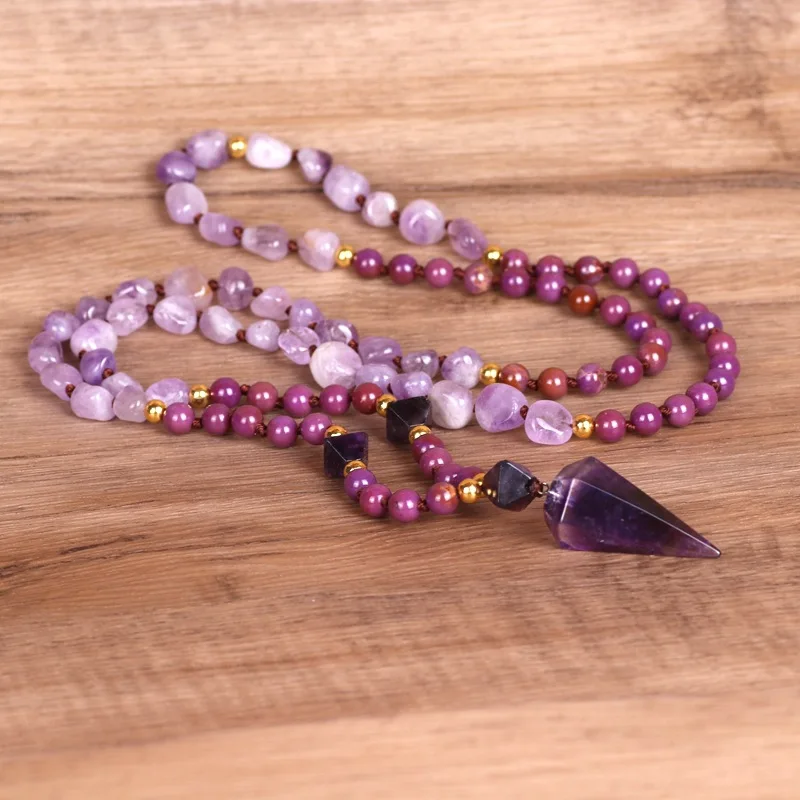 Natural Semi-Precious Gemstone Necklace 108 Beaded Hand Knotted Amethyst Hexagonal Pendant Japamala Beaded Necklace for Women