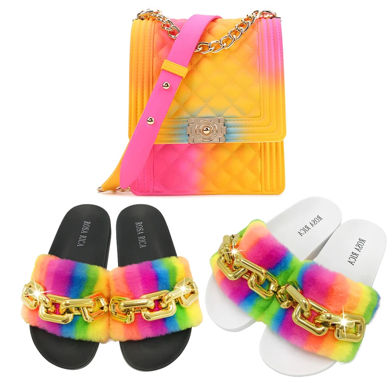 

2021 New Fashion Trends Women Chain Bag Rainbow Color Furry Chain Slippers Women Hand Bags Jelly Square Purse And Slippers Sets, Multicolor optional