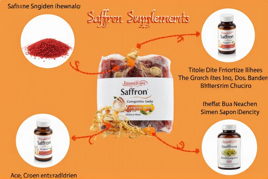 Comparison of different saffron supplement forms showing capsules, tablets, and liquid extracts with standardized labeling