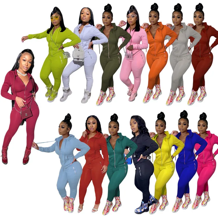 

2021 fall Ladies Long Sleeve Hooded Plain Color Bodycon Sexy Sport suits Plus Size Two Piece Sets Autumn Women Sweatsuit, Custom color