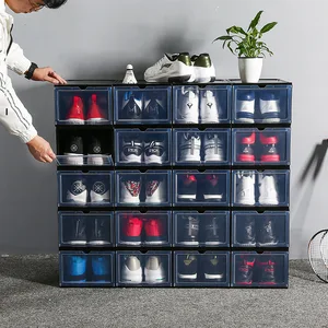 Image of Thickened Black Transparent Basketball Shoe Box Plastic Foldable Stackable Shoe Container Clear Closet Shelf Shoe Organizer