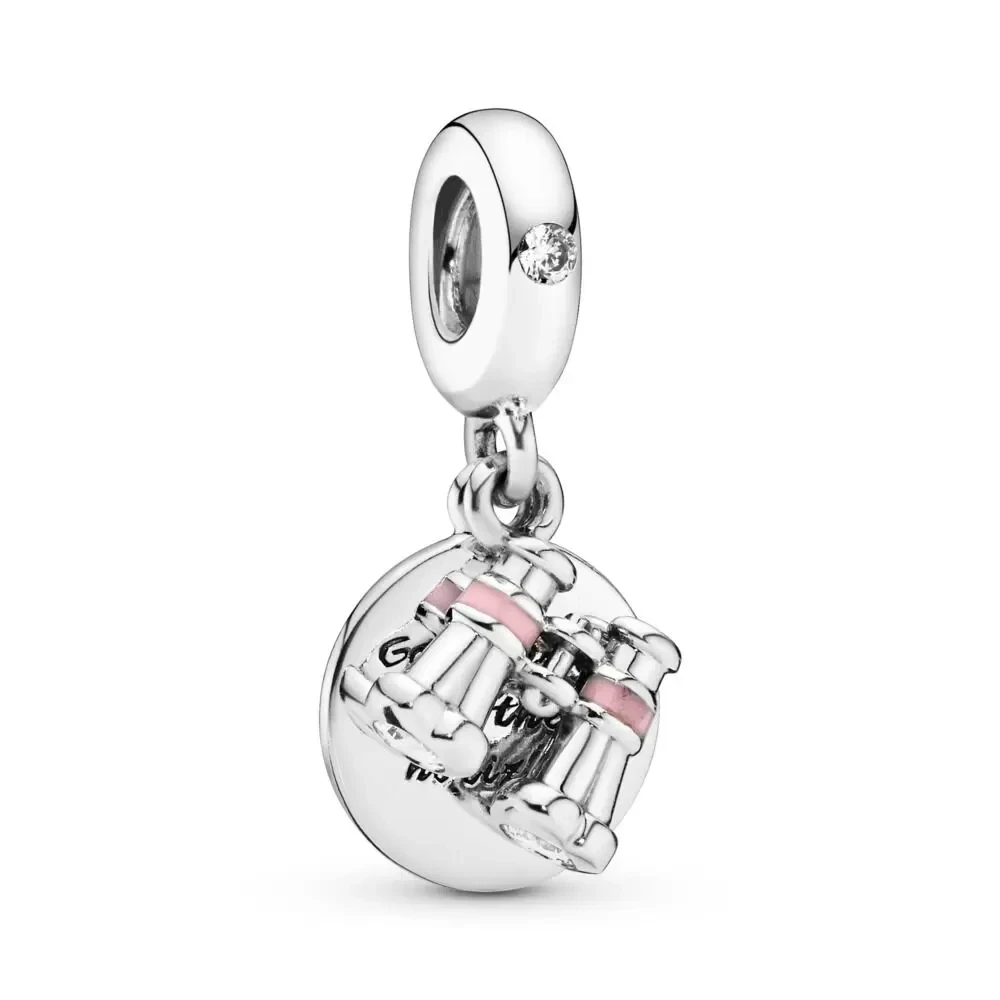 

100% 925 Sterling Silver Heart Binoculars Pendant & Pink Enamel Charm Bead Fits European Jewelry Charm Bracelets