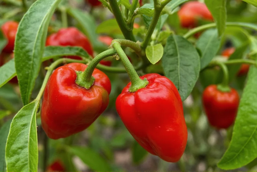 Close-up photograph of crazy pepper plant showing multiple red peppers growing on bush with wrinkled skin texture