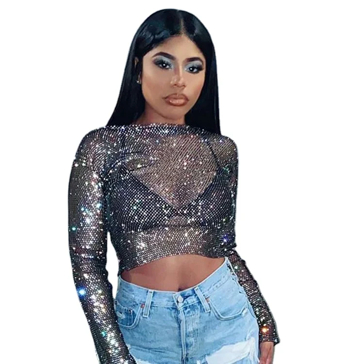 

Nightclub cut jacket T shirt Women's autumn perspective sequined T-shirt top