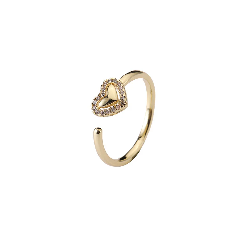 

New design Staineless Steel 18k Gold Plated Double Adjustable Index Opening Zircon Heart Finger Ring