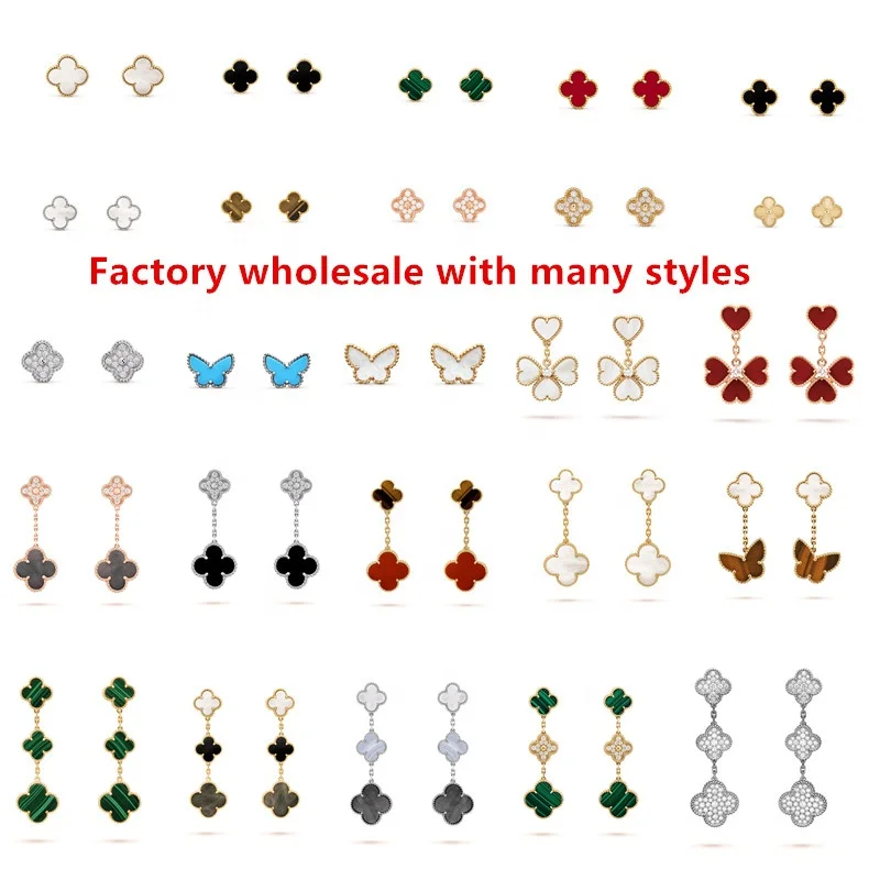 

Wholesale vca S925 Sterling Silver Original Logo Lucky Four Leaf Clover Earrings White Fritillary Onyx Women Stud Earrings Jewel, As shown in the picture