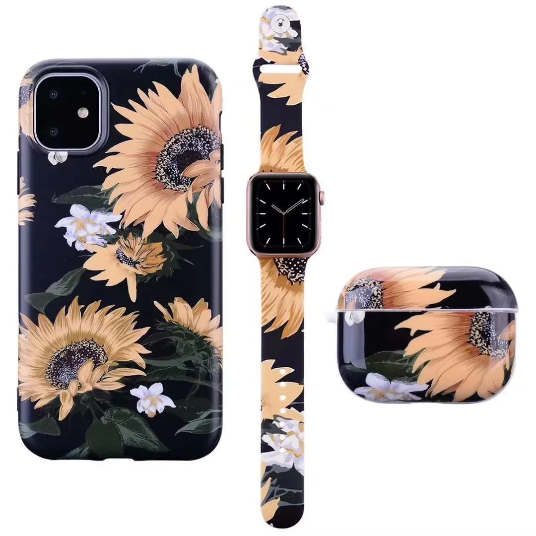 

NEW design 3 in 1 set Flowers IMD case for iPhone, case for airpods, watch band straps for apple watch band 38mm/40mm 42/44mm
