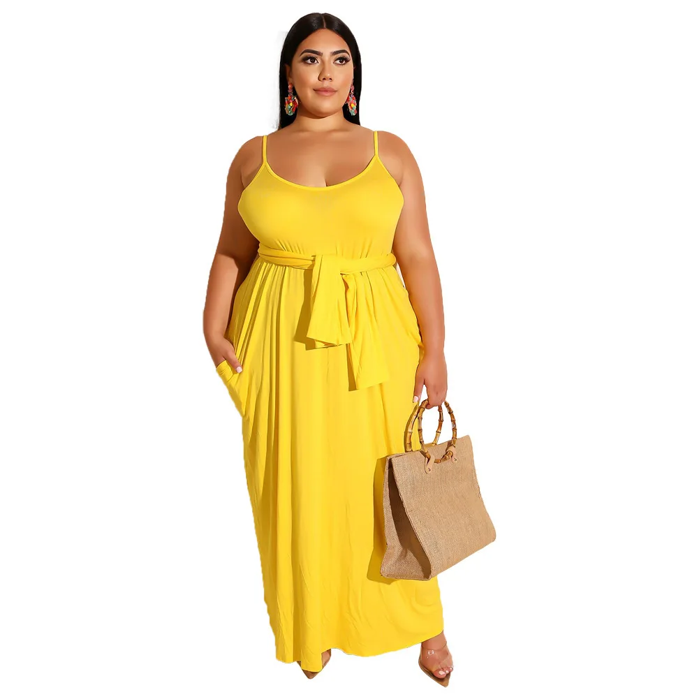 

Summer Solid color casual halter loose long section with belt fashion plus size dress women clothing, 5 colors