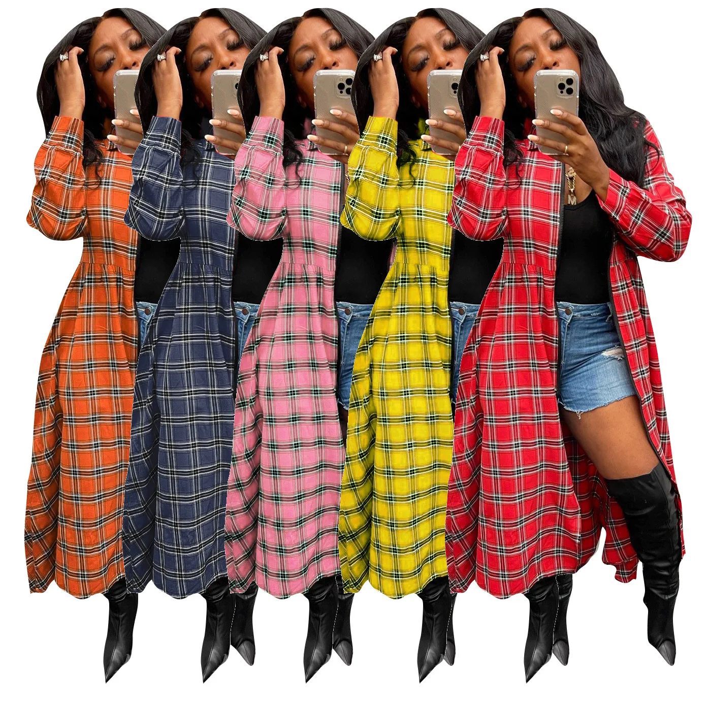 

Fashionable Fall Winter Women Tops Long Coats Plaid Shirts Blouses Ladies Casual Long Sleeve Shirt Dress Cardigans Women's Coats