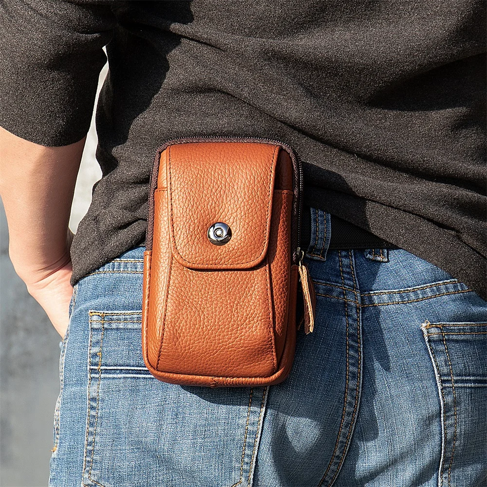 

Cheap 7492 custom logo fanny pack wholesale genuine Leather Waist Bags, Brown and dark coffee