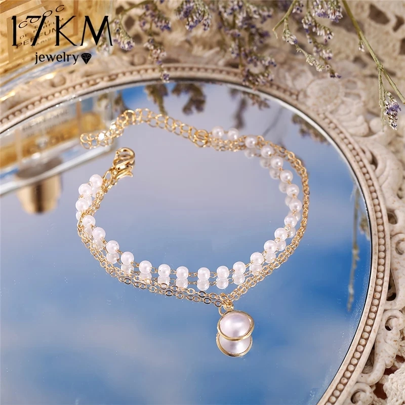 

Elegent Multi-layer Pearl Pendant Bracelet Fashion Gold Silver Color Chain Bracelets Jewelry For Mothers Day Gift, As picture