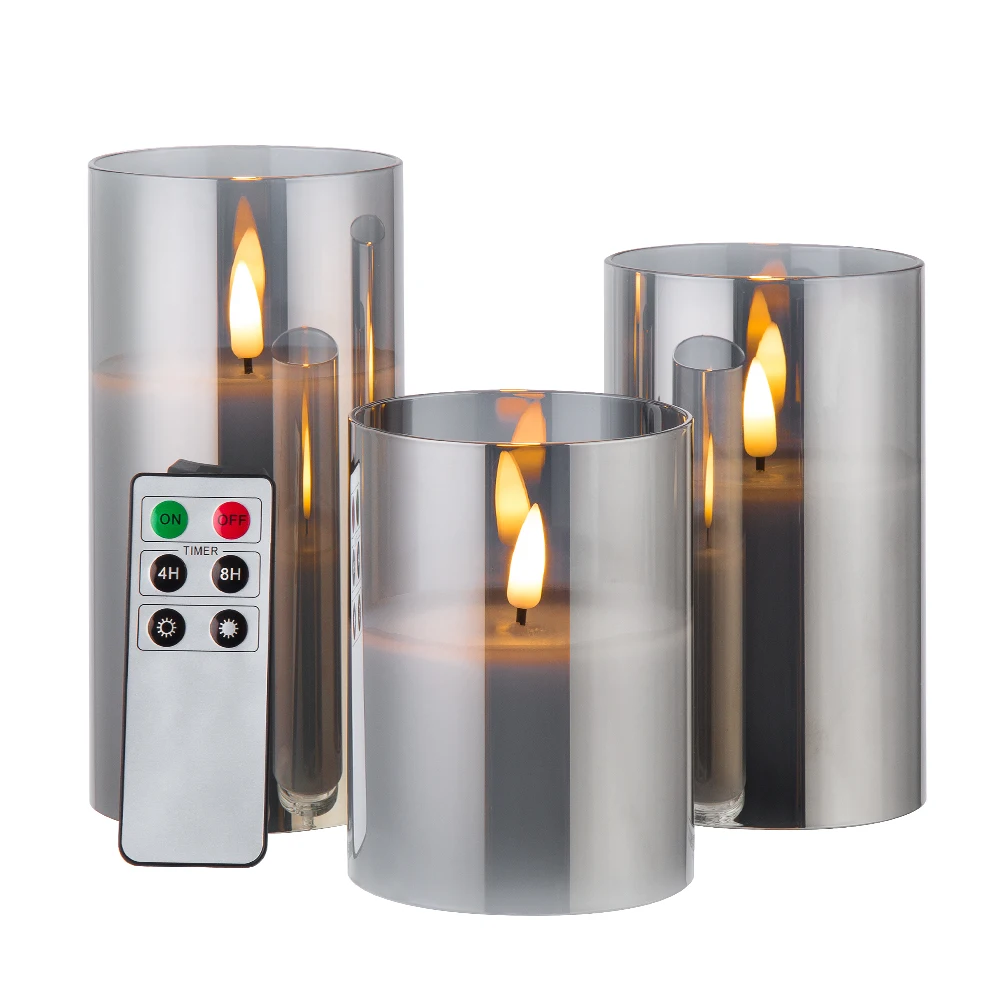 

Matti's home decoration 3d real flame pillar 6 key remote control grey glass flameless led candle