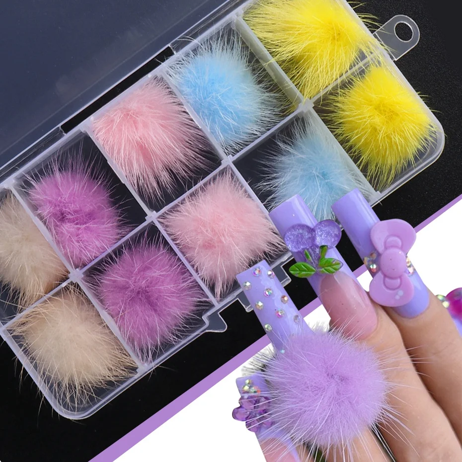 

10pcs/Box 3D Nail Charms DIY Custom Fluffy Ball Pink White Purple Magnet Detachable Plush Hair Balls Decorations Nail Pom Poms, Picture
