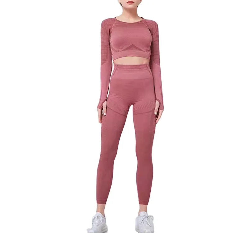 

RTS gym activewear sports 2 piece pink spandex athletic women seamless yoga set, Customized colors