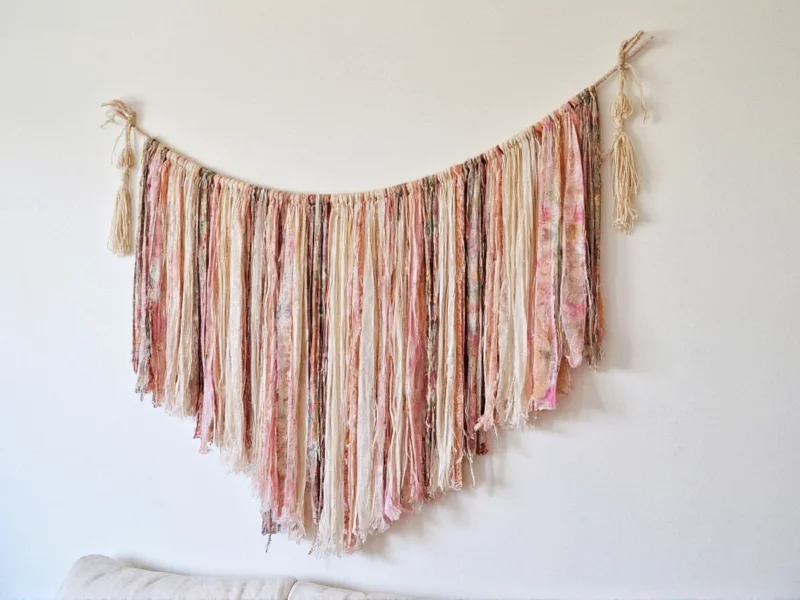 Bohemian wall hanging made from recycled fabric strips