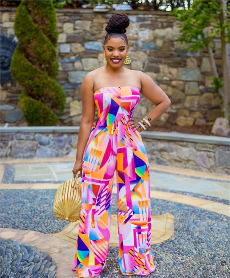 

2021 new products women's loose casual fashion printed tube top wide leg pants jumpsuit