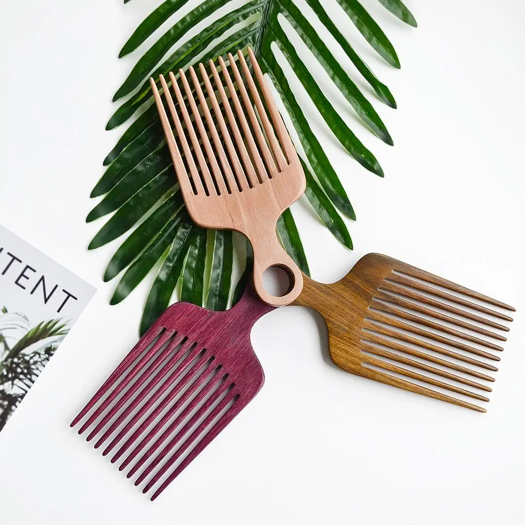 

Natural Sandalwood Wide Tooth For Curly Hair Detangling Custom Brush Beard Afro Pick Comb, Customized color