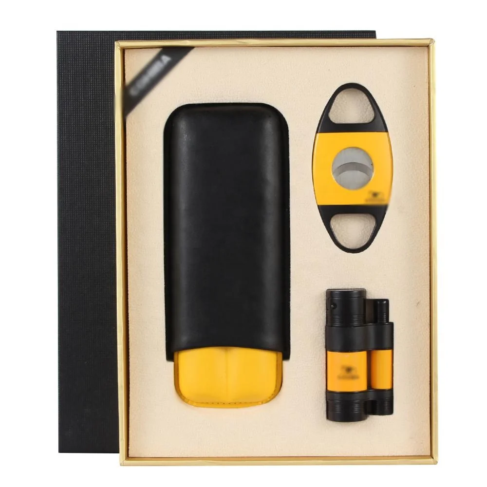 

jet flame cigar lighter travel leather cigar accessories set with cutter and lighter, Yellow