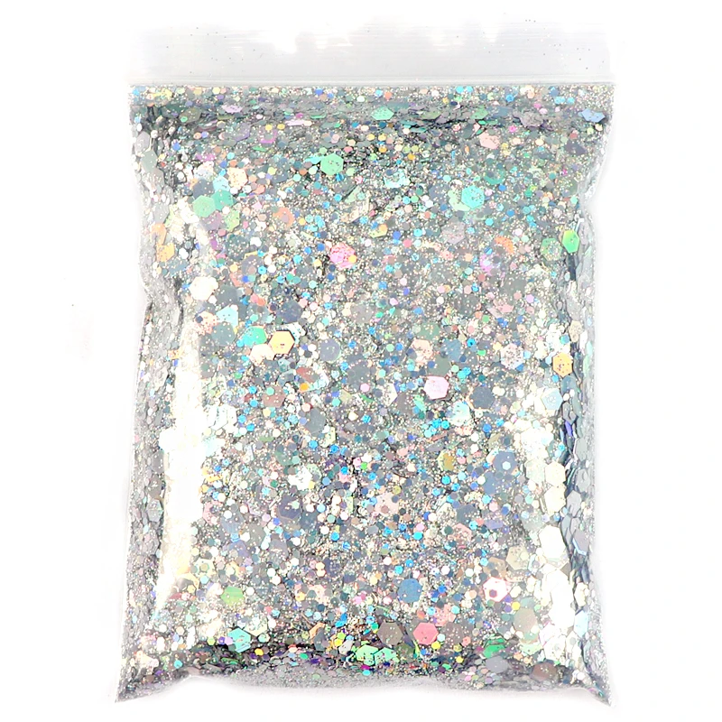 

50G Holographic Mixed Hexagon Shape Chunky Nail Glitter Silver Sequins Laser Sparkly Flakes Slices Manicure Nails Art Decoration, Laser silver,red,green,blue,sky blue,black,pink