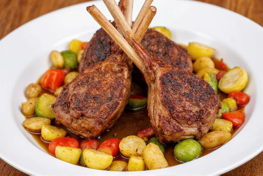 Plated dish featuring cinnamon-rubbed lamb chops with roasted vegetables and a cinnamon-infused sauce