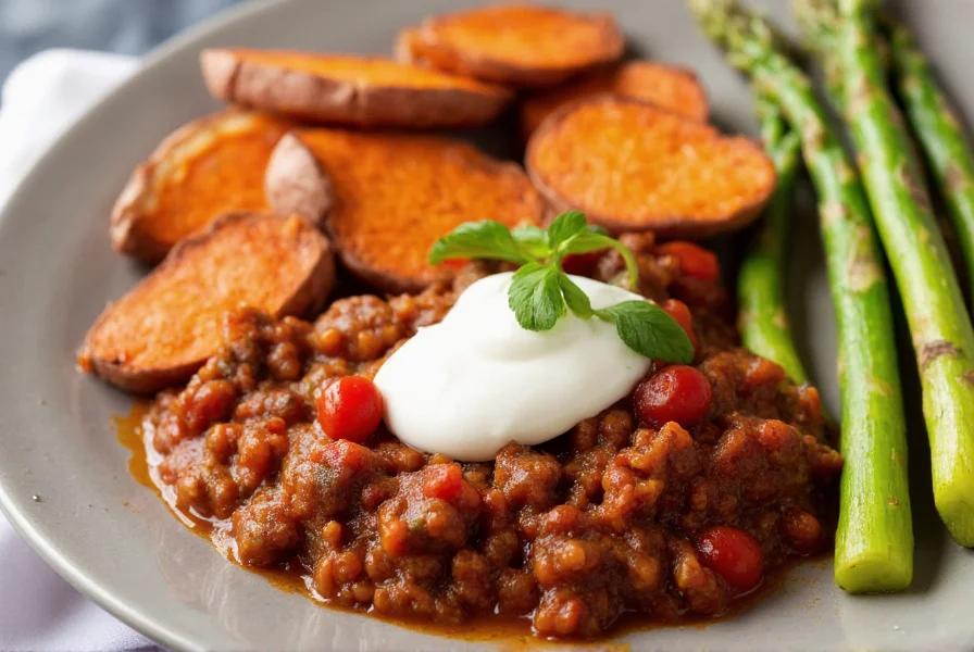 Colorful plate featuring spicy chili topped with sour cream, served alongside roasted sweet potatoes and grilled asparagus