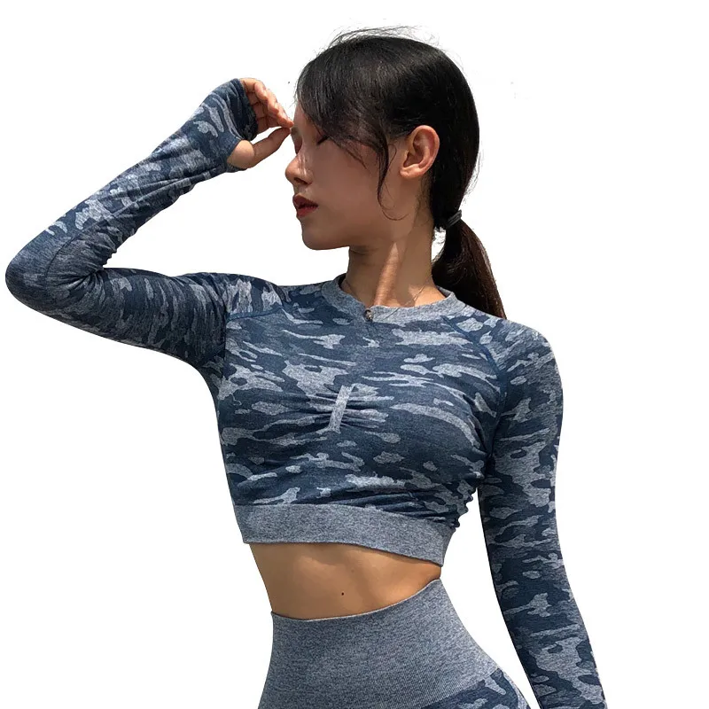 

Wholesales Long sleeve Seamless Tee fitness Camo Yoga Top With Thumb Hole