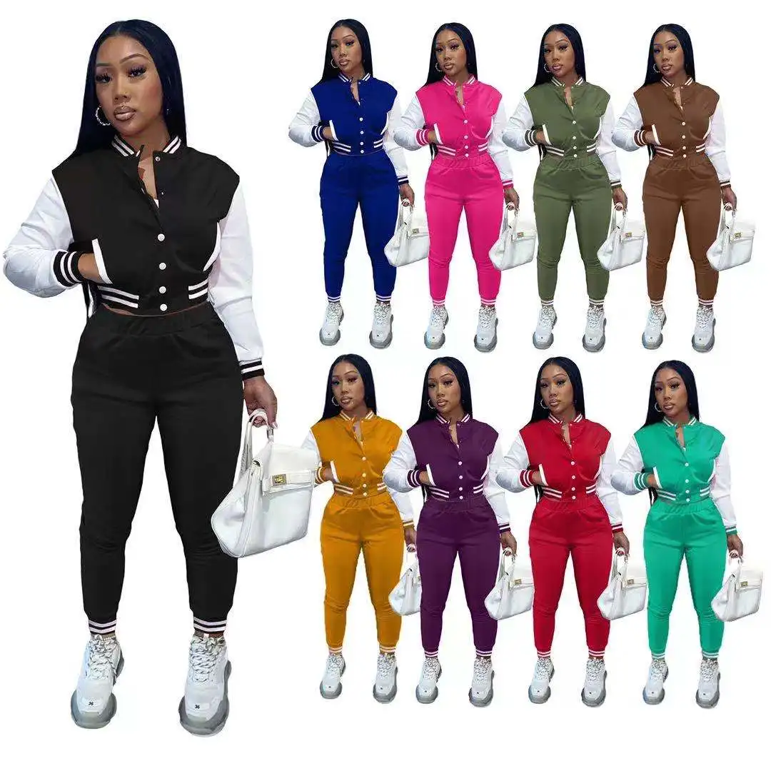 

wholesale 2021 single-breasted jacket lounge wear outfit ladies custom stacked jogger 2 piece set track suit for women