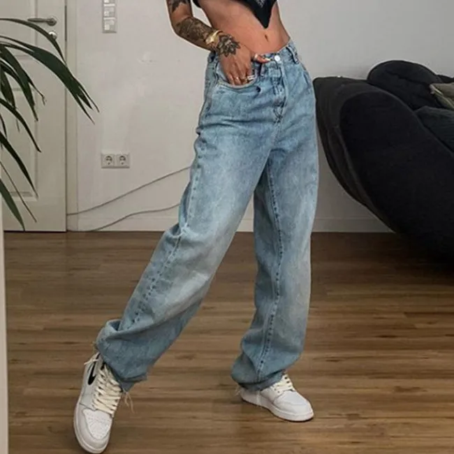 

Spring Fashion Streetwear Vintage Loose Mid-Waist Straight Denim Pant Hip Hop Casual Women Jeans, Blue