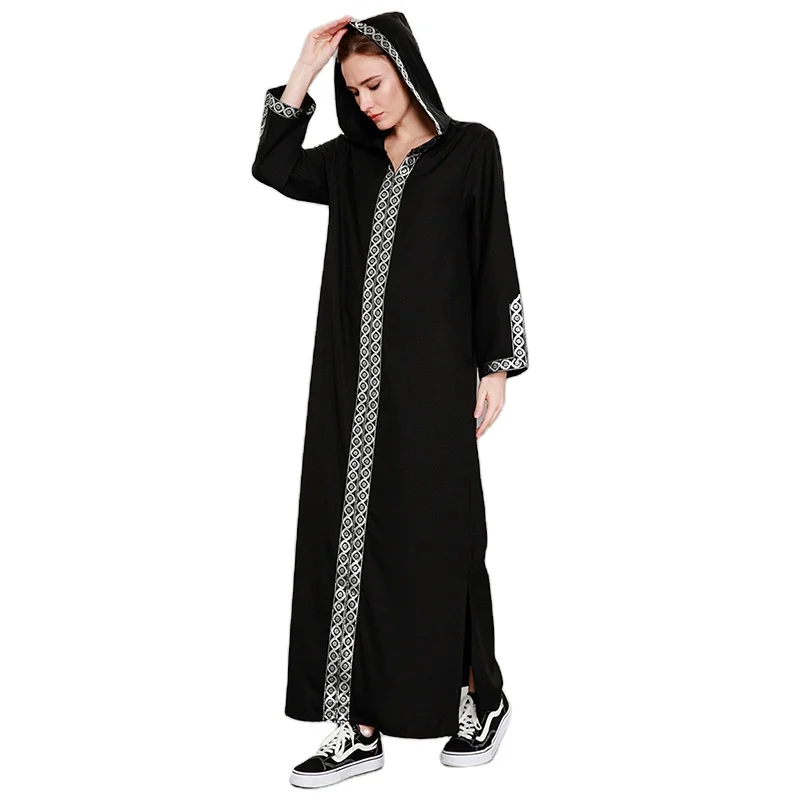 

Wholesale Islamic Clothing Muslim Women Plus Size Splicing With Hoodie Printed Abaya Dubai Kaftan Black Maxi Dress, 3 colors in stock