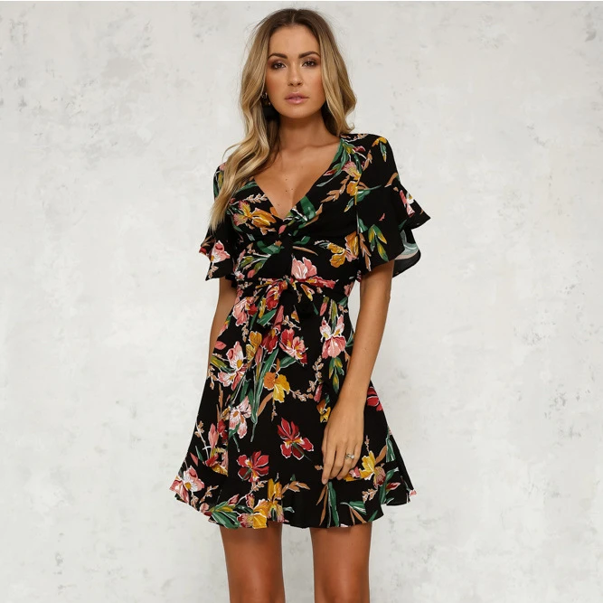 

polyester cotton floral print deep v neck ruffle sleeve front bow mini dress short dress for women, Customized color