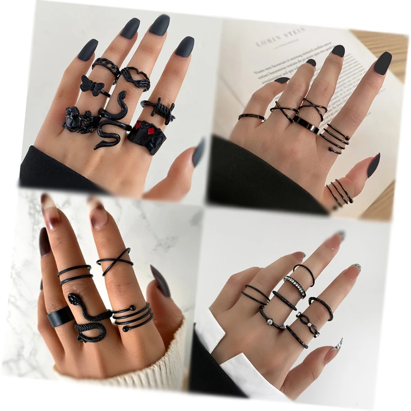 

Gothic Black Color Animal Snake Ring for Women Men Fashion Geometric Cross Chain Rings Set Jewelry Party