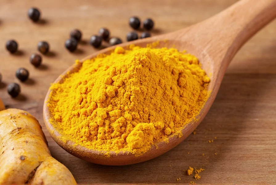 Close-up of golden turmeric powder in a wooden spoon with fresh turmeric root and black peppercorns