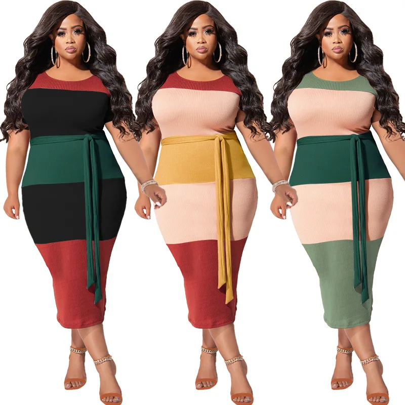 

New Summer Fashion O Neck Short Sleeve Tie a Belt Thread Splicing Contrast Color Casual Dresses Plus Size Bodycon Dress 2022, Green,red black,red yellow