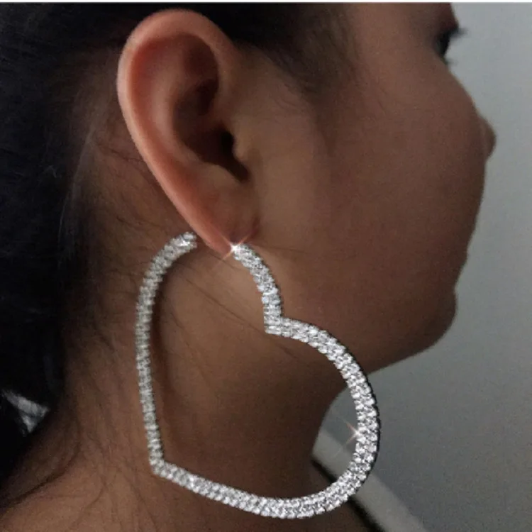 

Fashion Women Jewelry Gold Plated Brass Crystal Rhinestone Earrings Exaggerated Hoop Heart Earring SHE9249
